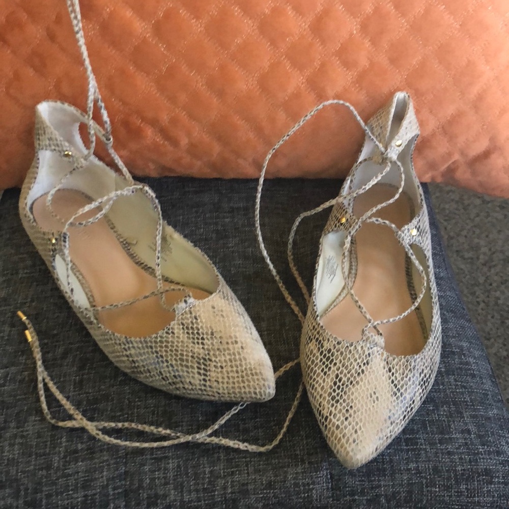 Faux snakeskin flat with ankle lacing